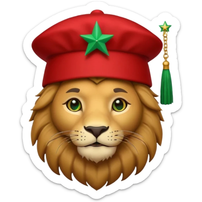 Cute lion emoji face wearing a red Moroccan fez with a green star on the front and a black tassel on the right side. Solid dark-blue background. sticker