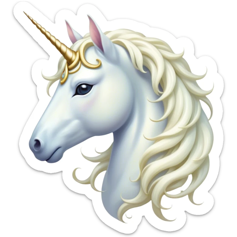 Beautiful and Majestic White Unicorn Portrait Emoji, Head and body exuding serene brilliance with a luminous, flowing mane and a gracefully spiraled horn, eyes gently closed in peaceful reverie, Simplified yet exquisitely enchanting features, highly detailed, glowing with a soft, celestial light, high shine, serene and utterly majestic, stylized with an air of timeless fantasy, soft glowing outline, capturing the essence of a beautiful and majestic white unicorn that embodies the pure magic of legend! sticker