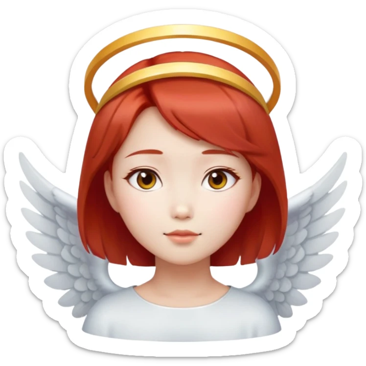Asian angel girl with short red hair, oval face, and halo sticker