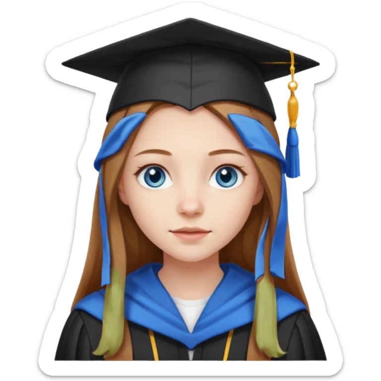 light brown haired girl with long hair, blue eyes, pale skin, wearing graduation regalia with white hood sticker