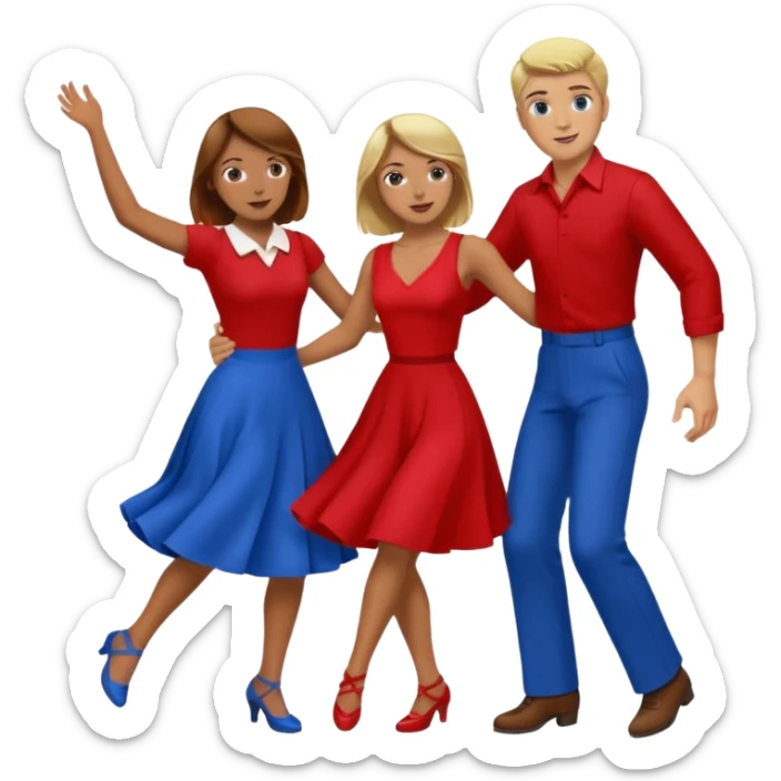 Two people. Man  wearing all red  with brown hair. Women iall blue with blond hair. Swing Dancing.  sticker