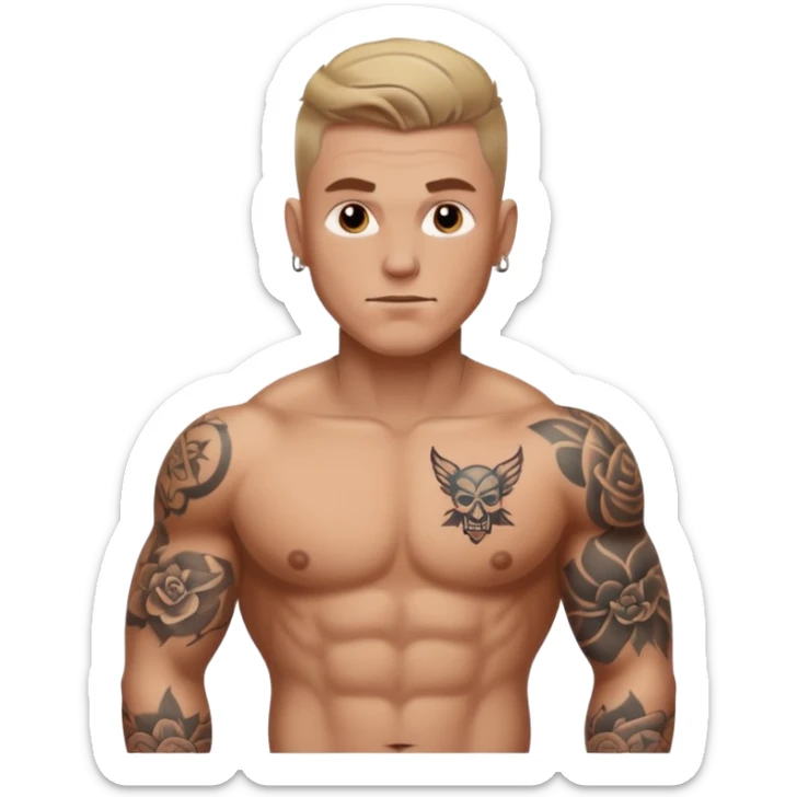 tattoo man, white skintone, more highlight the tattoo, body builder, tatto on fully chest, more tattoos. sticker