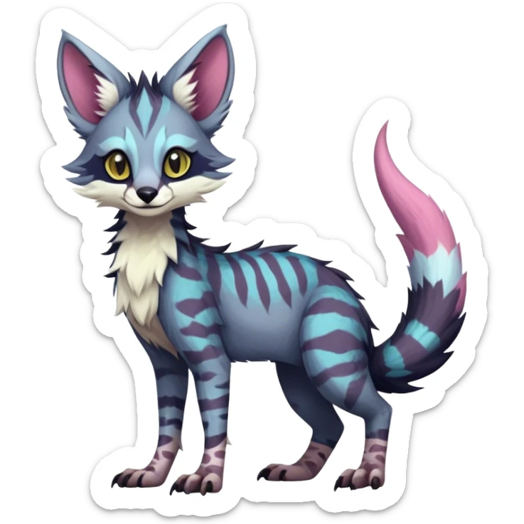 Feral Rare Fantasy dark colorful pastel vibrant lush Vernid-Sergal-Genet-Trico-species by LiLaiRa, random markings, tufted tail, tufted ears, full body sticker