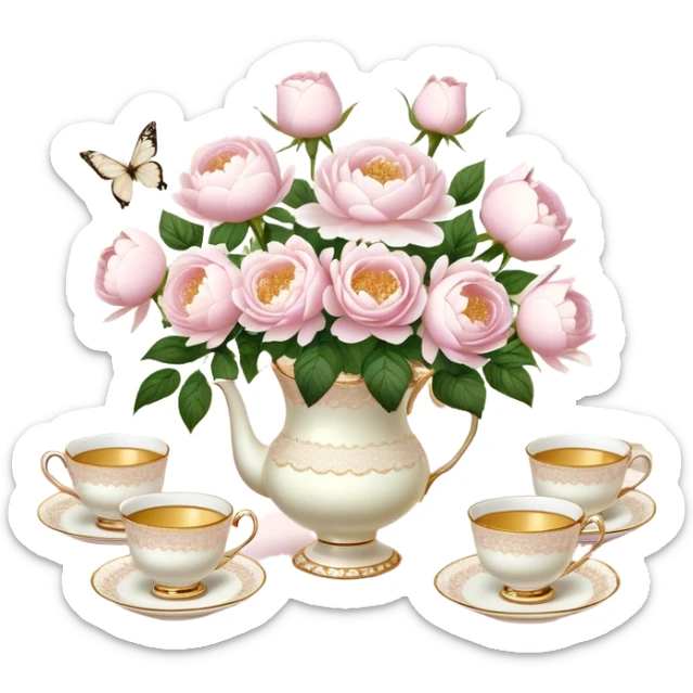 An enchanting garden tea party setting with a vintage lace tablecloth, golden-rimmed porcelain teacups, a centerpiece of light pink roses and white peonies in a pearl-trimmed vase, with delicate pearl butterflies flitting through the soft sunlight.
 sticker