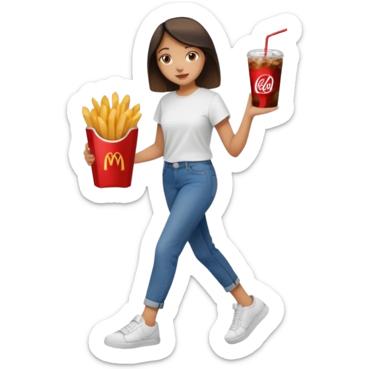 a young woman full length with cola in one hand and french fries in the other hand and a painting under her arm walking left sticker