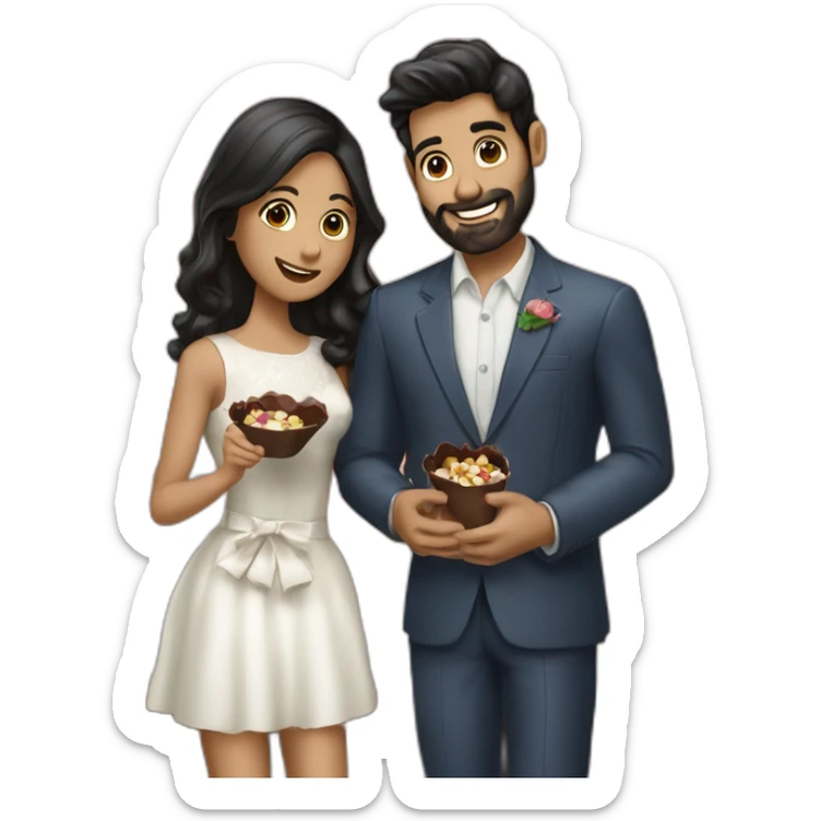 par de novios comiendo chocolates. el chico tiene barba and the girl black hair y cabello liso sticker