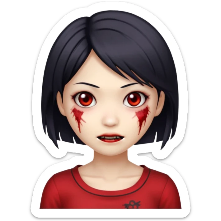 sweet Asian zombie girl emoji, Ada Wong style hair, pale skin, stitched cheek, mischievous grin sticker