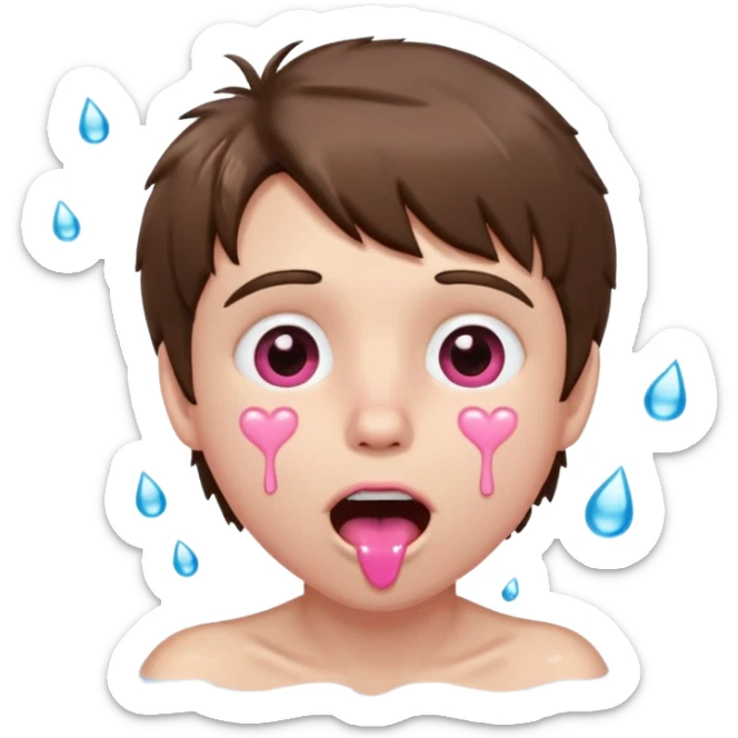 Pale Boy with shaggy brown hair, pink heart shaped eyes looking up , mouth open , water drop dripping from lips, hands grabbing at face  sticker