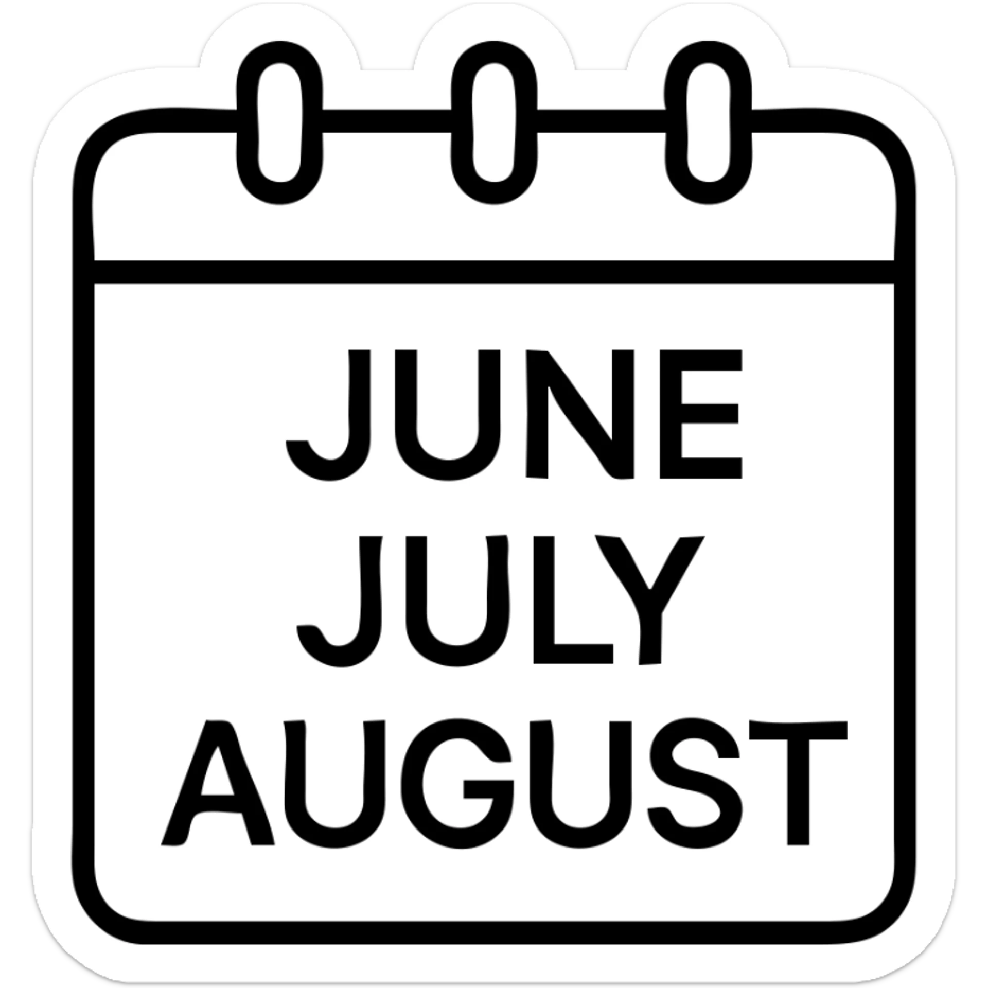 icon of a calendar with three months, month names June, July, August, outlined style, modern and easy to read sticker