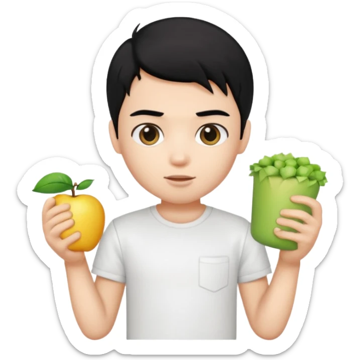 generate a pretty bratz emoji of a boy with black hair wearing a white tshirt and holding a cT sticker