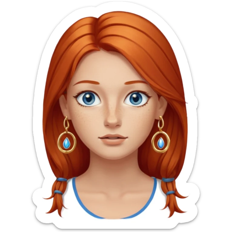 Attractive Greek woman with a wide face, freckles, Long straight amber-red hair and gold hoop earrings and blue eyes sticker