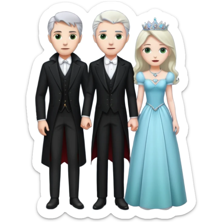 A tall vampire man with gray hair and blue eyes standing by a princess with light brown hair and green eyes sticker