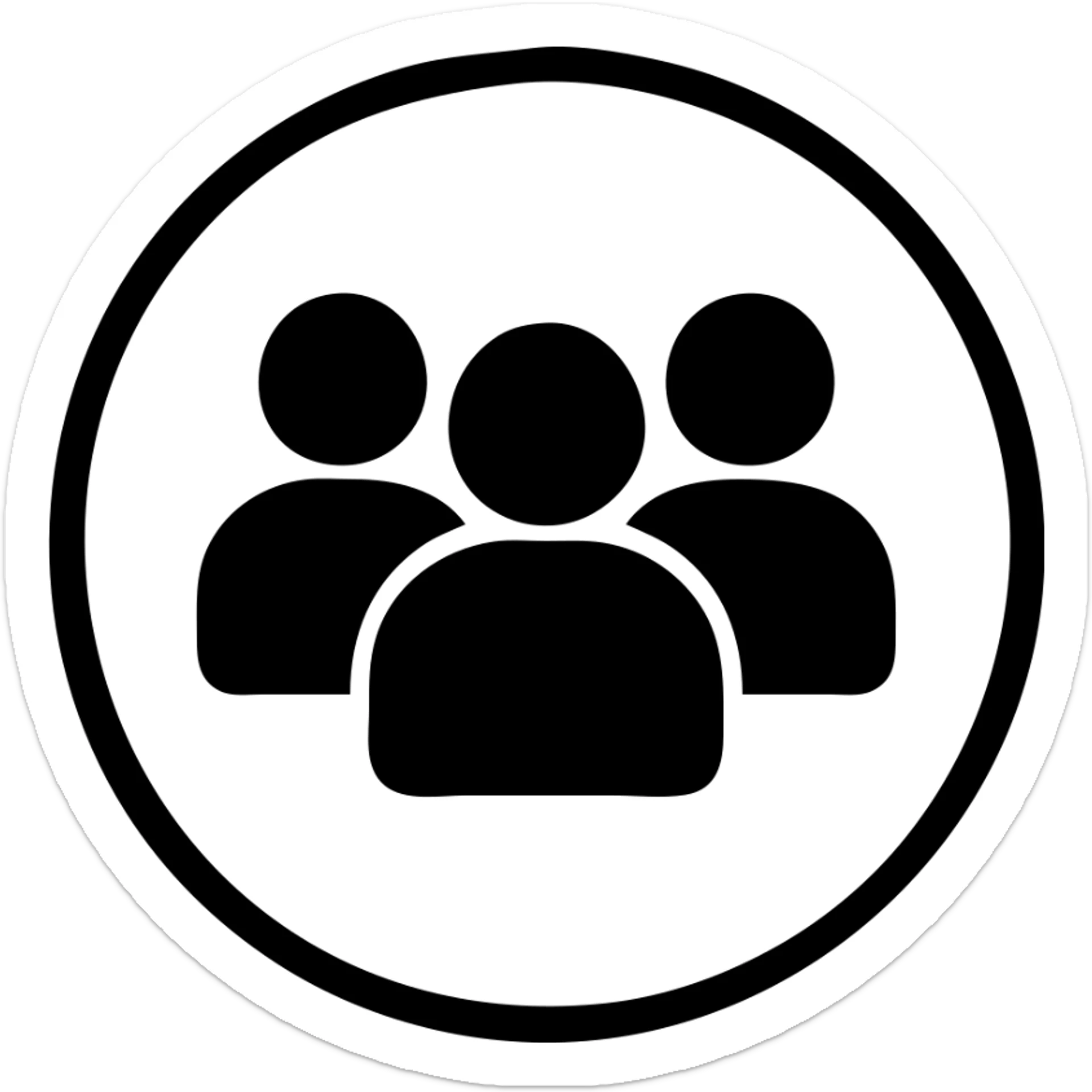 Minimalist black filled icon for Served 10,000+ Travelers. A group of people or crowd symbol inside a circle, filled with black, matching the same color code and format as the reference images. sticker