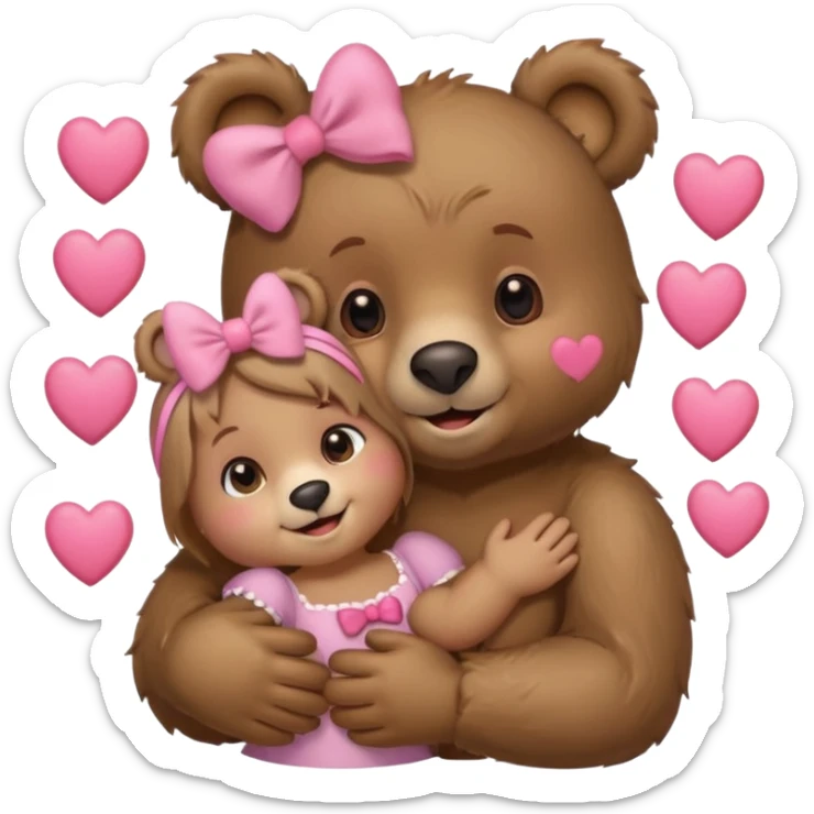 girl bear with bow on her head and boy bear hugging, couple, surrounded by hearts, playful and loving, cute sticker