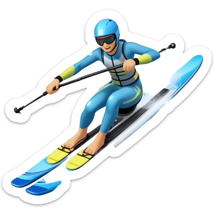 An icon featuring a close-up collage of water skis, splashing water across the surface. The design highlights the motion of the skis cutting through the water. Transparent background emphasizes the thrill of water skiing. sticker