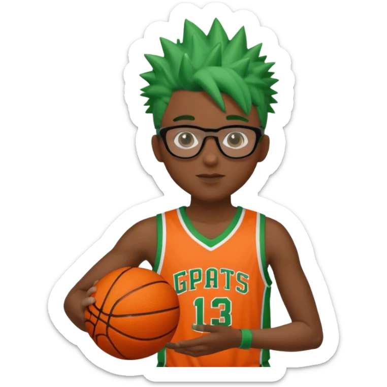 Green-Haired Athlete – Green spiky hair, orange basketball uniform, glasses, holding ball.


 sticker