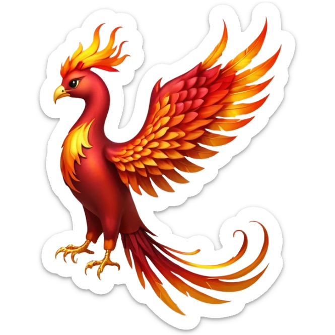 Cinematic Noble fierce & powerful Fire Phoenix Portrait Emoji, Poised and resplendent, with a radiant, fiery plumage in brilliant hues of scarlet, gold, and ember, featuring elongated, elegant tail feathers that flow like molten lava, and piercing, wise eyes reflecting the eternal cycle of rebirth; rendered with lifelike texture and luminous natural highlights, high shine, majestic and awe-inspiring, styled with an aura of mythic resurgence, focused and regal, soft glowing outline, capturing the essence of a legendary phoenix rising from the flames with timeless grace! sticker