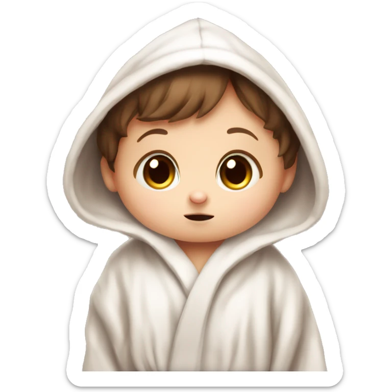 very sad portait of brown haired adorable baby rabbit in big bathrobe and big cute eyes sticker