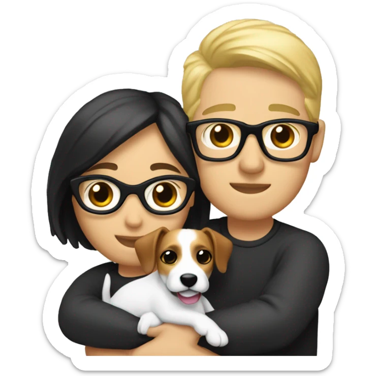 A couple cuddling a jack Russell, the men is white and have black hair and glasses and the woman is blonde but without glasses  sticker