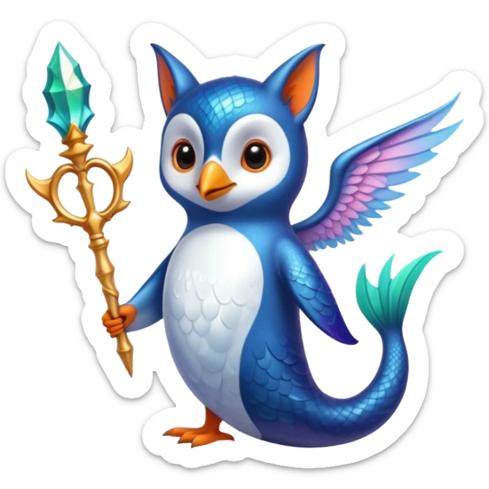 The arms of a penguin, the tail of a fox, the body of an owl, the chest of a mermaid, holding a magic wand, with one wing of a fairy and the other of a dr dragon sticker
