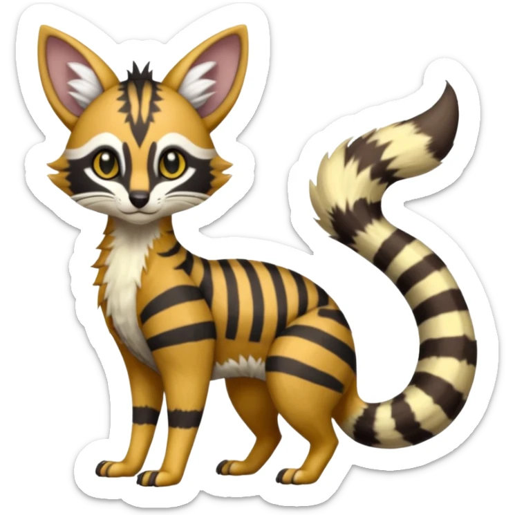 Civet-Genet-Possum-Serval-Caracal-Sergal-Trico-Numbat-Furret-fusion-Fakemon-hybrid-creature (full body) with long tufted ears and a striped tail sticker