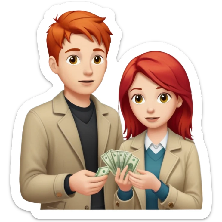 Young man with red hair finds money on the street and his wife is watching it sticker