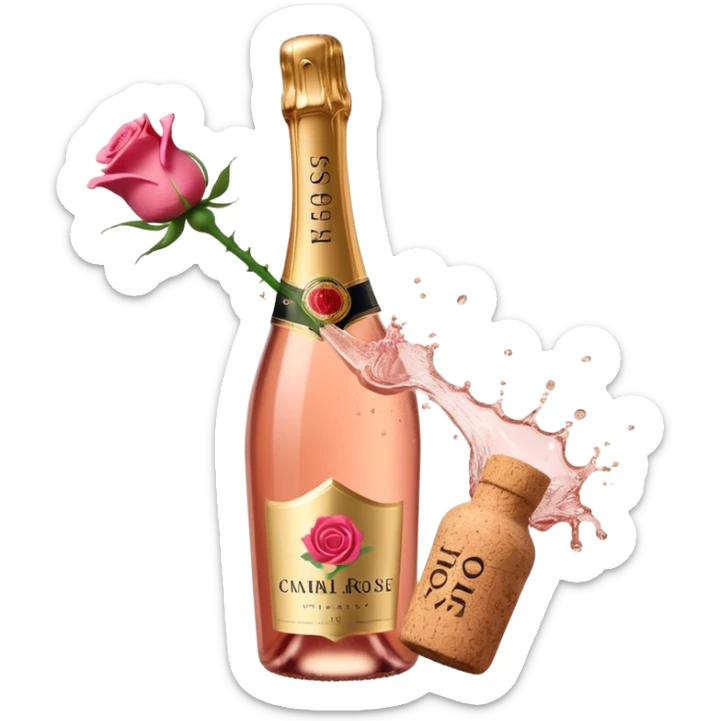 bottle of sparkling rosé champagne with a rose logo on the label, with the cork exploding out from the top, tilted up and to the left, no glass sticker