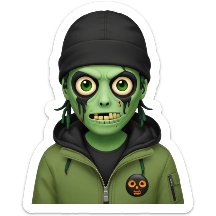 a zombie emoji with black dreads and a black carheartt jacket and black nike ski mask on his head sticker