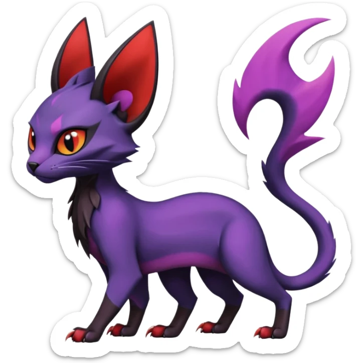 Black edgy Noivern-Noibat-Purloin-Torracat-Lykoi-Caracal-cat-Fakemon-fusion-hybrid-creature with violet and red scale markings sticker