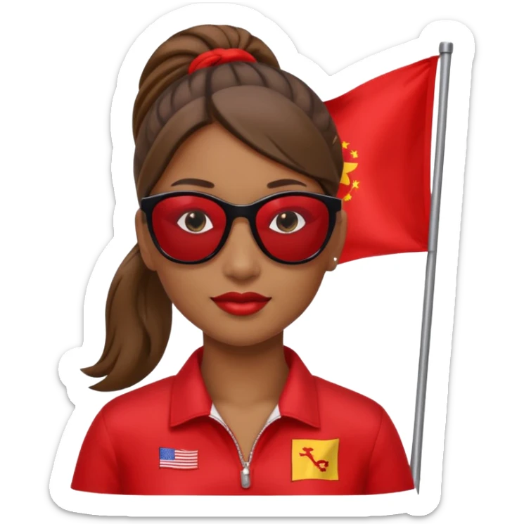 Una mujer morena con una coleta y gafas de sol y una bandera roja en la mano sticker