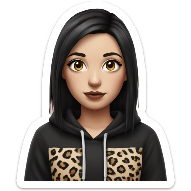 Hyperrealistic white girl with long black hair with a pink fringe and has eye makeup on, she is wearing a black and leopard print hoodie  sticker