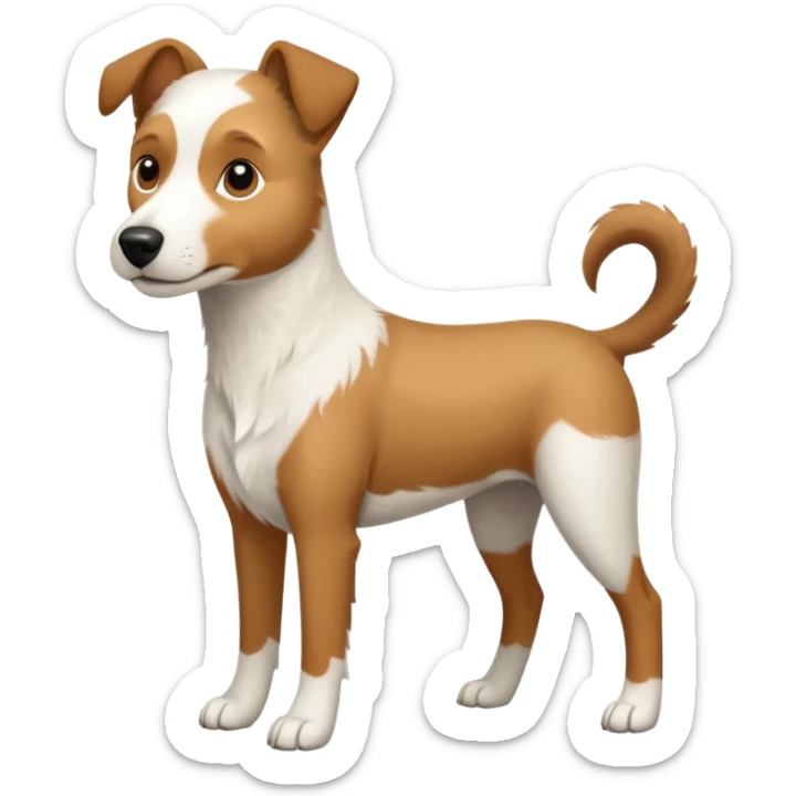 a full body large white parson russell looking dog the size of a kelpie with light brown flapped down ears and a light brown patch on one eye and a large snout sticker