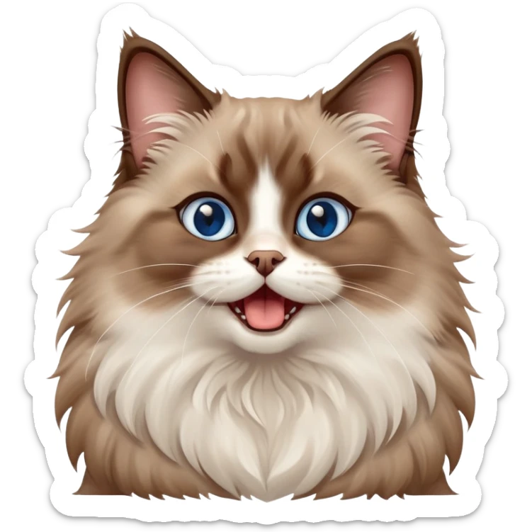 cinematic-adorable-big-eyed-fluffy-brown ragdoll-cat-portrait-emoji,-head-tilted-playfully-with-a-cute,-yawn,-soft-brown-and white-colored-fur-with-darker-points-on-the-ears,-simplified-yet-irresistibly-cute-features, sparkling blue eyes sticker