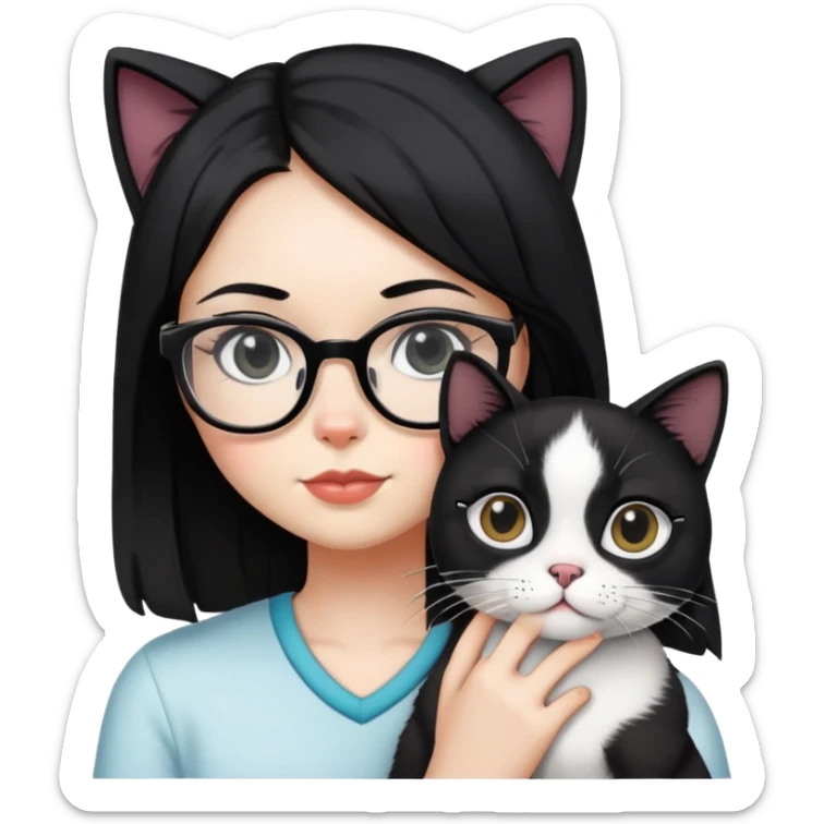 Girl with black hair wearing glasses holding a black and white cat sticker