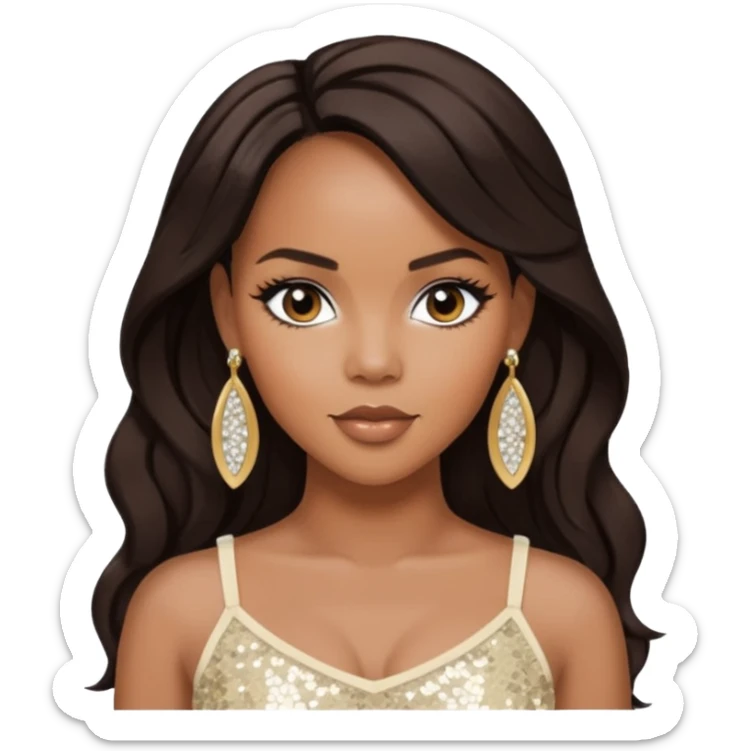 LeToya Luckett with long dark brown hair, ivory sequin crop top, ivory earring sticker