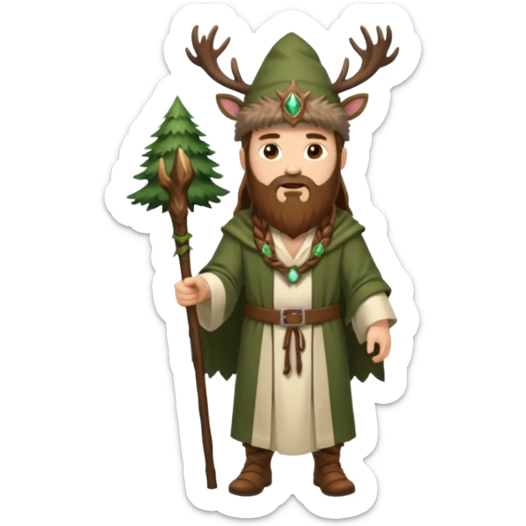 full body man long brown hair brown eyes medium beard white skin wearing stag hat and forest druid robes open chest sticker