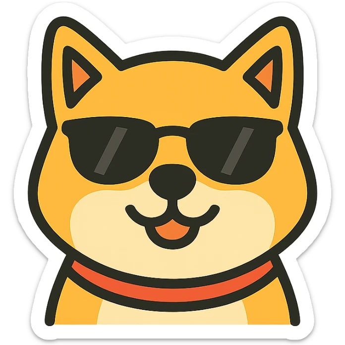 clean modern vector style logo of a happy relaxed Shiba Inu dog with friendly expression wearing sunglasses warm cheerful colors minimalist tech friendly no text no background elements suitable for vehicle UI sticker