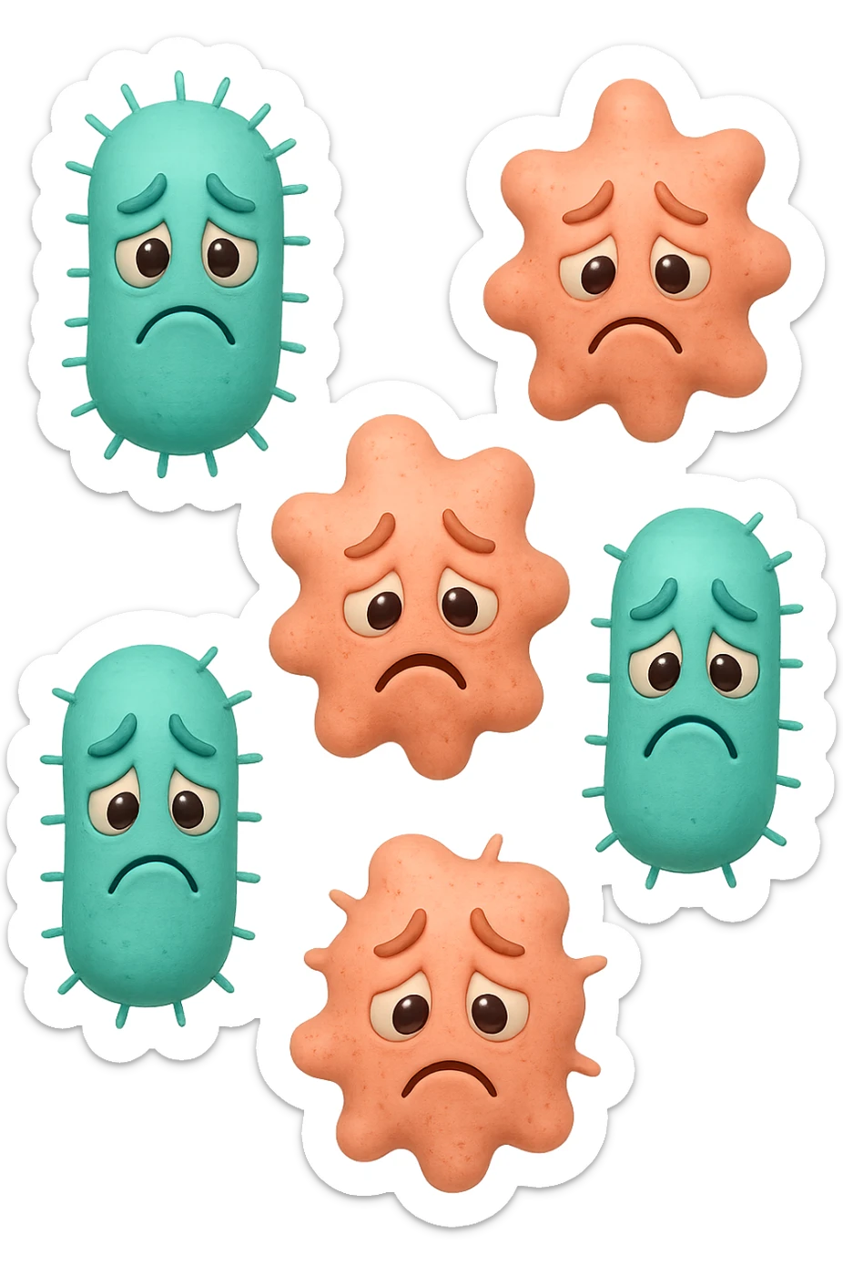 EMOJI STILE IPHONE DI 3 BATTERI INTESTINALI turchesi tristi e 3 batteri intestinali rosa salmone tristi CHE FLUTTUANO IN ARIA IPERREALISTICO 4K sticker