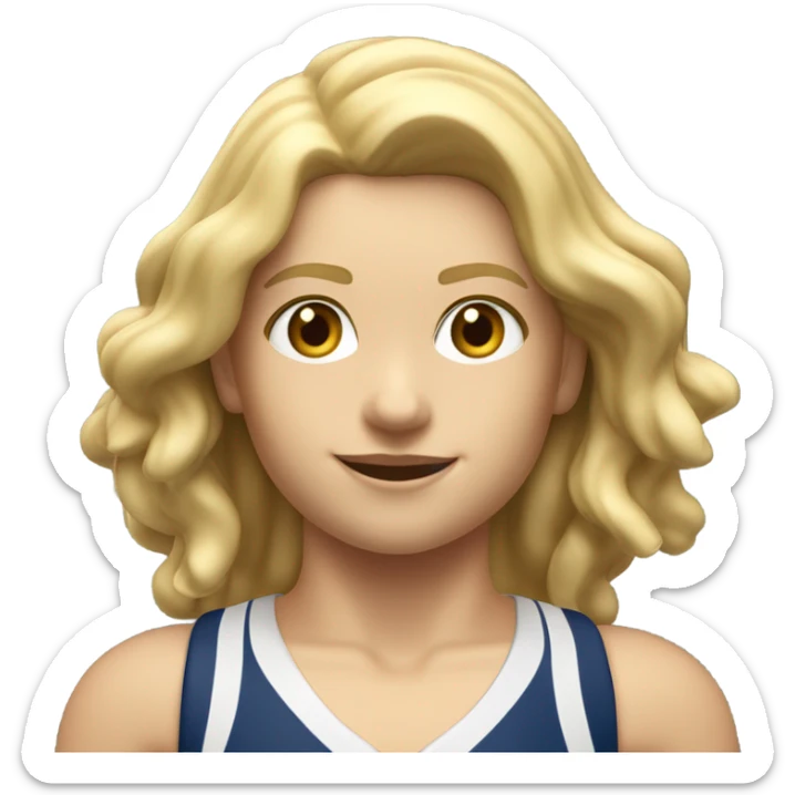 A girl with long blonde hair with wide shoulders wearing a Great Britain rowing swimming suit and has small muscles and add a necklace that has a sea shell pendant on it. She must have a  necklace around the neck and the pendant is on her chest sticker
