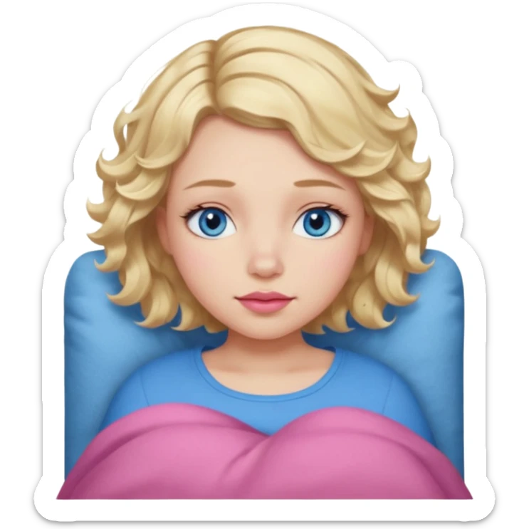 Girl Blonde short wavy hair,  blue eyes, cute blue top, long lashes, pink lips, sleeping sticker