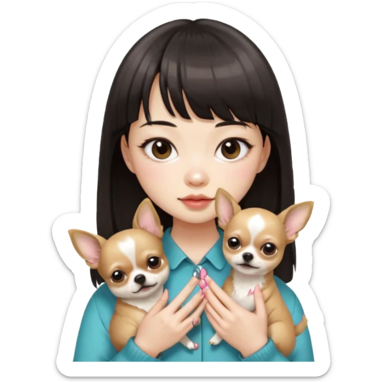 a pretty Asian girl, with hair bangs, pale skin, with manicure holding a chihuahua in her, with the face of "i dont give a fuck" sticker