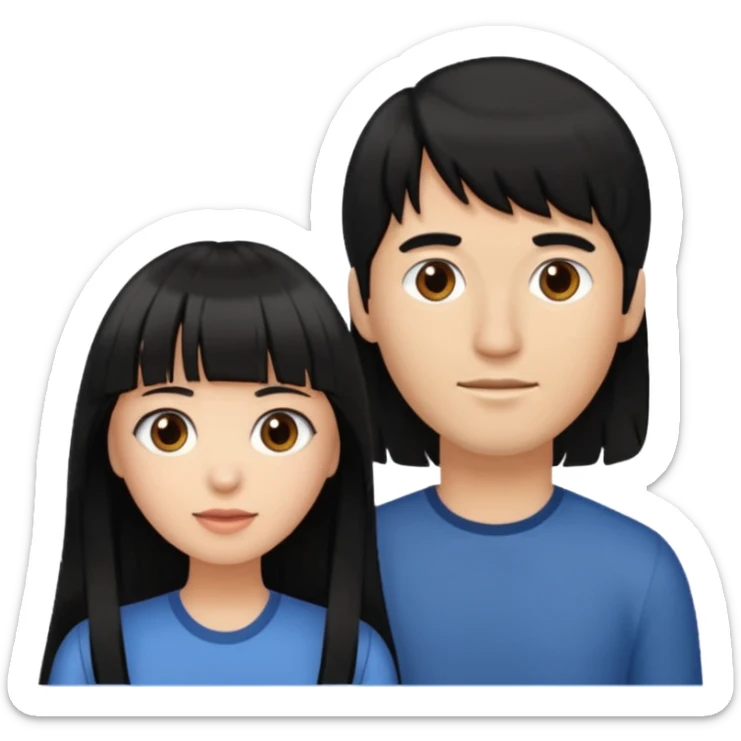 Pareja de mujer con pelo largo negro y flequillo y hombre con pelo corto castaño sticker