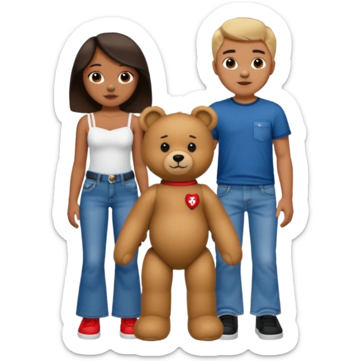 A boy and a girl teddy bear for the boy bear put on true religion shirt and jeans with black shoes and for the girl put flare jeans and a red tube top and white shoes just bears not the humans  sticker
