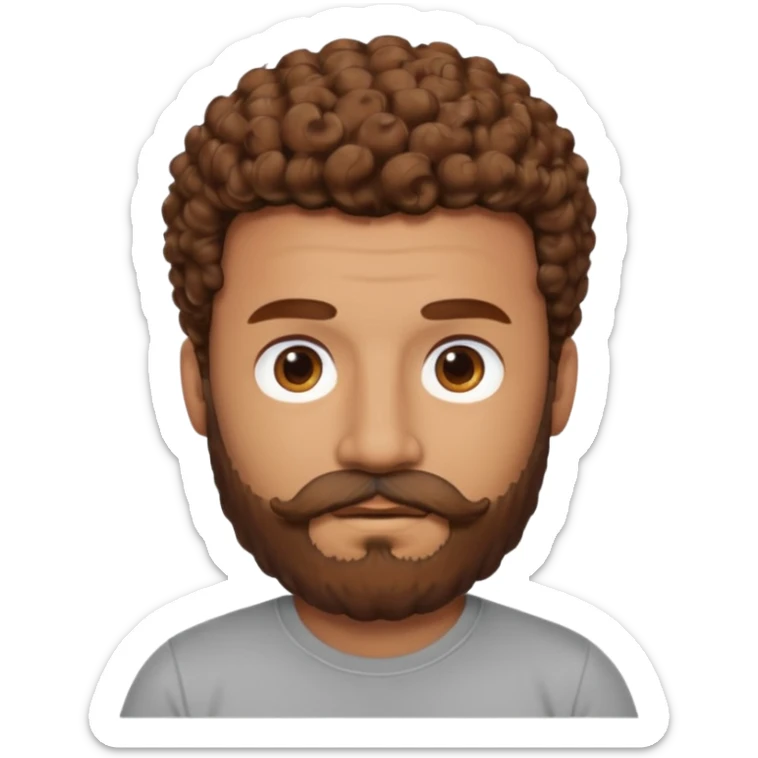 Curly-haired nightingale, with brown hair, a thick beard and a suvata to match the color of the hair on his head, large build, but not fat in a gray T-shirt, chest shot, IOS memoji style sticker