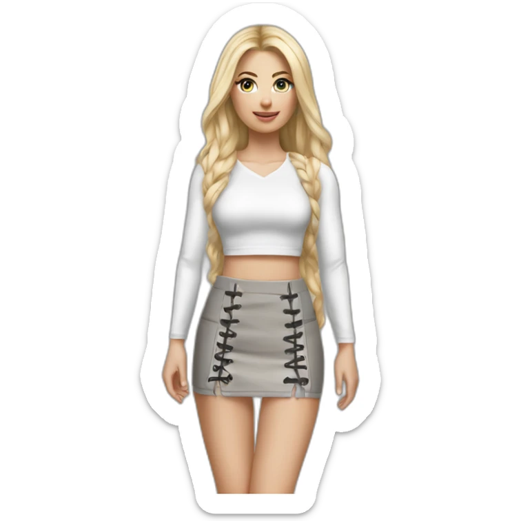 hyperrealistic caucasian female, long straight blonde hair, white lace up crop top and grey tight mini skirt sticker
