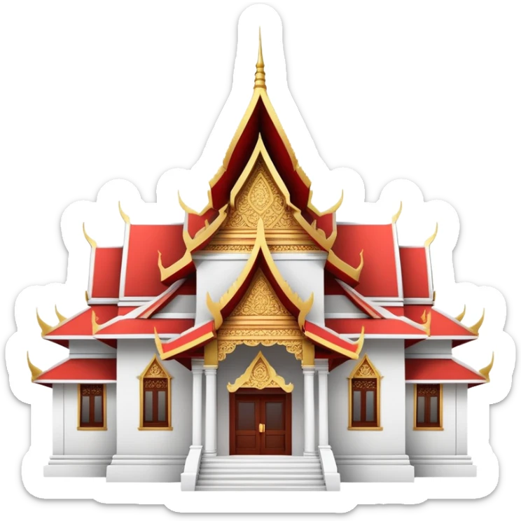 Traditional Thai hospital with pointed roof architecture, red cross symbol, ornate details, with traditional Thai architectural elements sticker