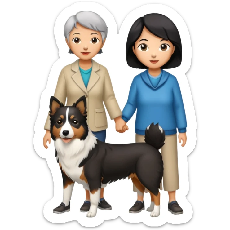 a 60-year-old asian woman with short black hair standing with a border collie sticker