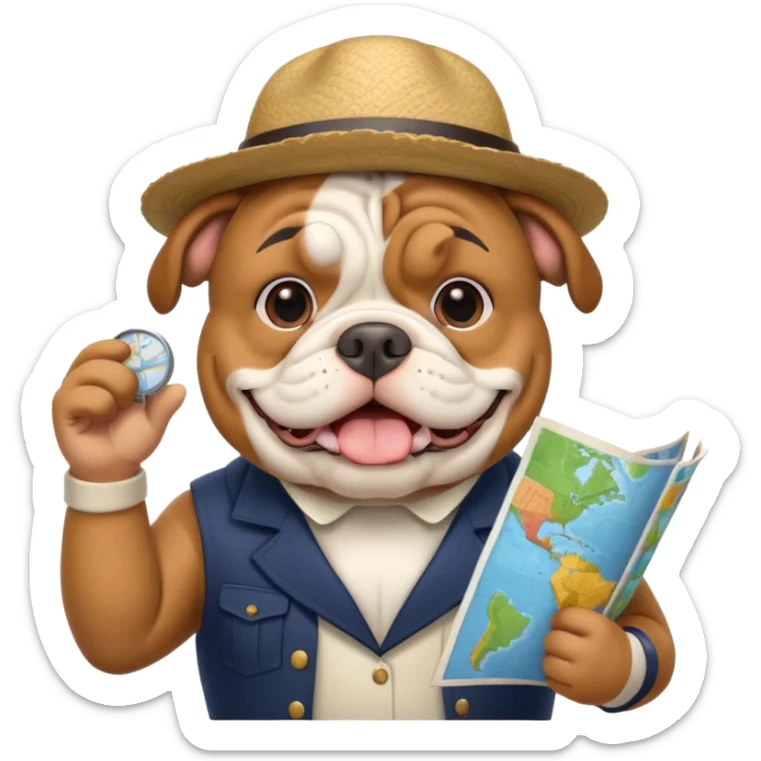 English bulldog as a cheerful tour guide, wearing a hat and holding a map sticker