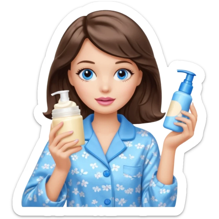 Barbie girl with makeup, blue eyes , and bob long haircut wavy, short brown hair in creamy color pajamas, face cream in hand sticker
