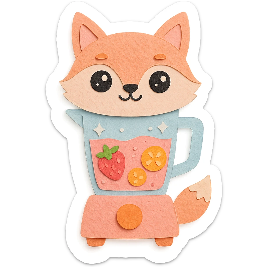 full-body cute fox-shaped blender with see-through body showing fruity smoothie, sparkling eyes, pastel pink, paper craft style sticker